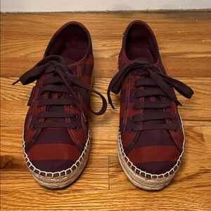 Tory Burch Burgundy Striped Espadrilles